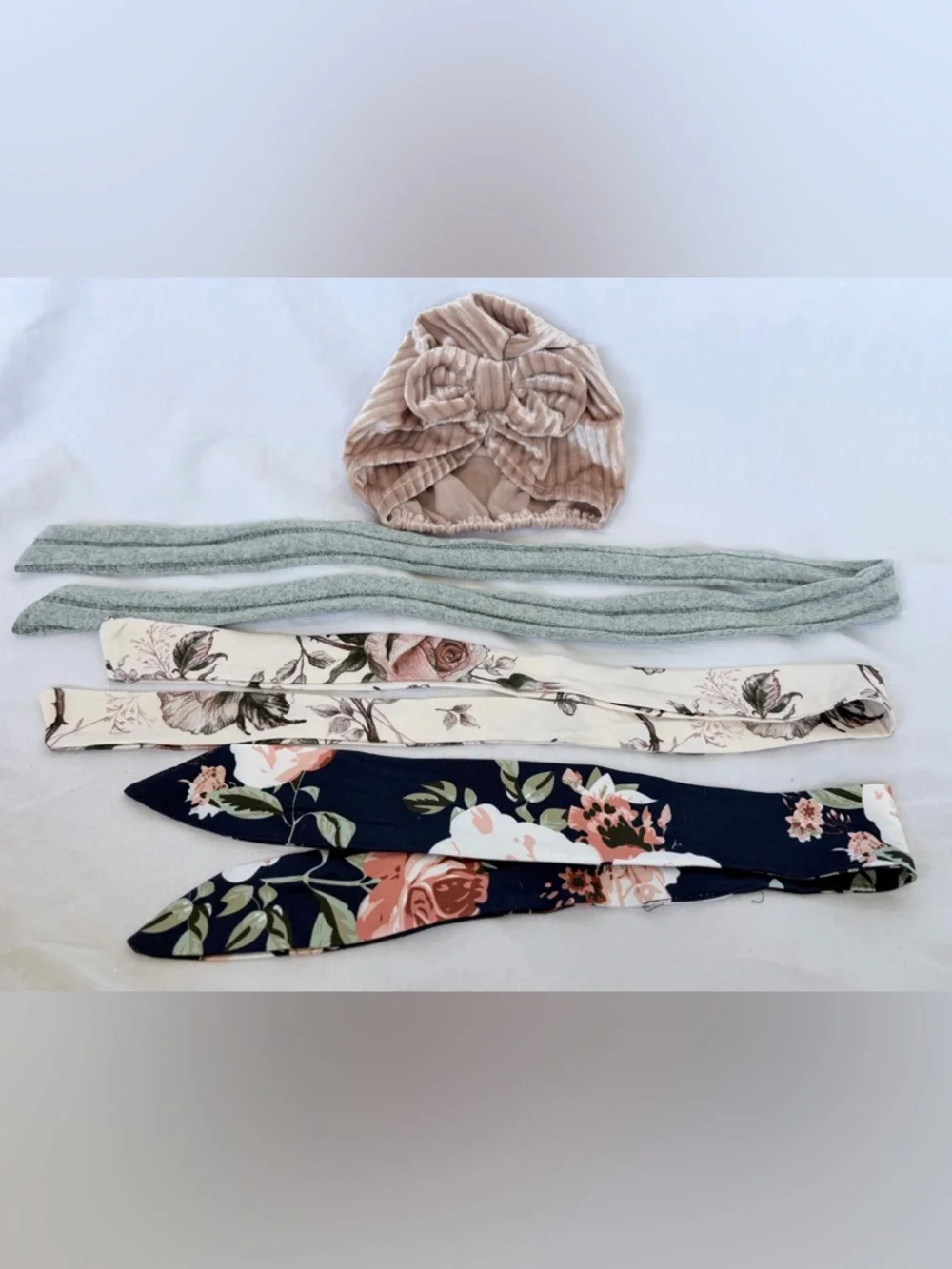 Neutral Velvet Bow Turban and Floral Headwrap Set - Women Accessories
